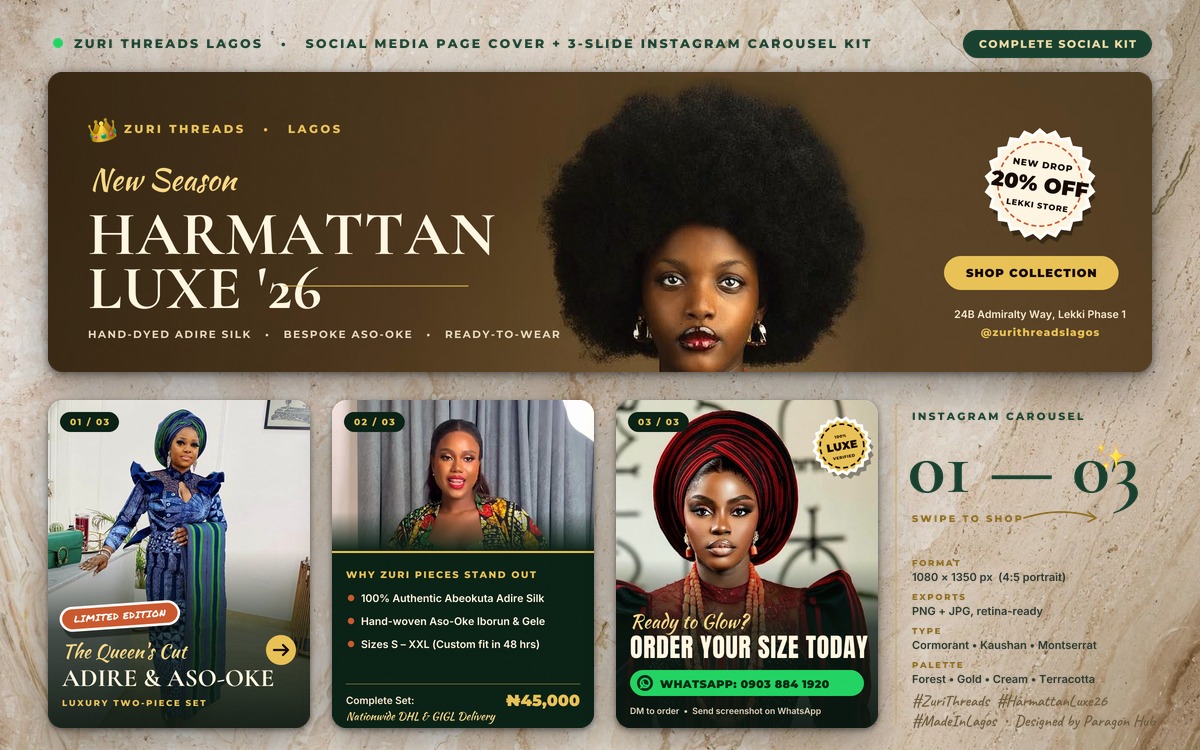 Zuri Threads Lagos: Harmattan Luxe '26 Social Cover & 3-Slide Carousel Kit